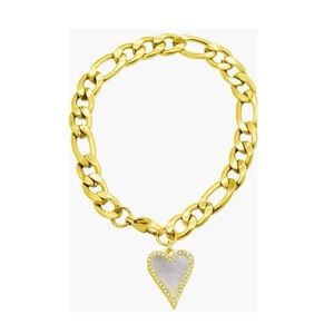 $95 Adornia Water Resistant Crystal Mother of Pearl Heart Figaro Chain Bracelet